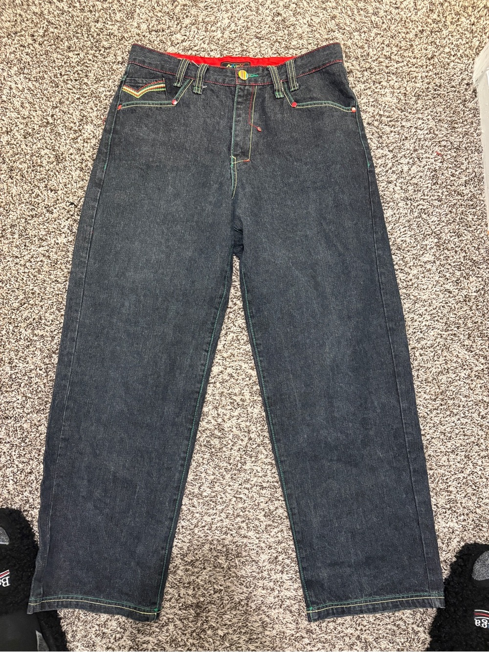 COOGI Men's Straight Dark Denim Jeans with Red Waistband
